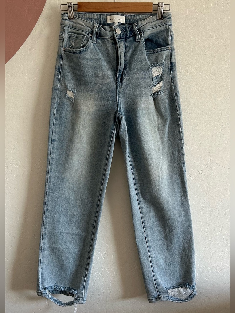 Risen Women's Jeans Light Blue Distressed Straight leg size 7/28